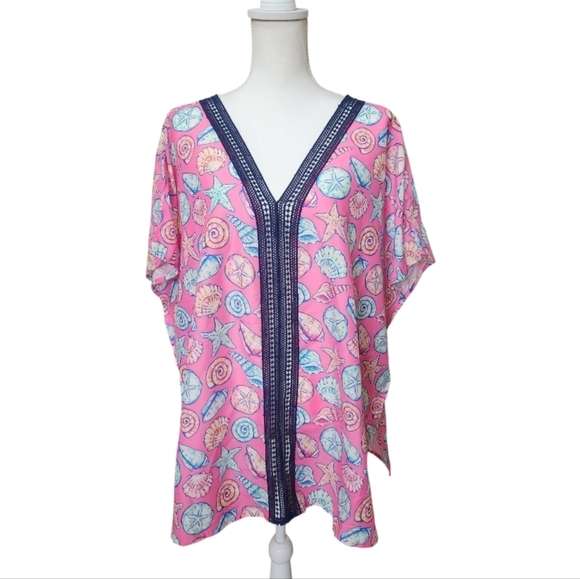 Simply Southern Pink Shell Pattern Beach Swim Coverup Poncho, Size Small Medium - Picture 3 of 12